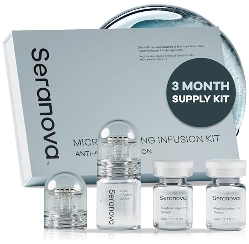 Seranova Micro Infusion System for Face & Neck 0.05mm Stamp with Hyaluronic Acid & Collagen Peptide Serum for Firmer Smoother-Looking Skin, Easy 5-Minute At-Home Skin Care Application - 3 Month Supply