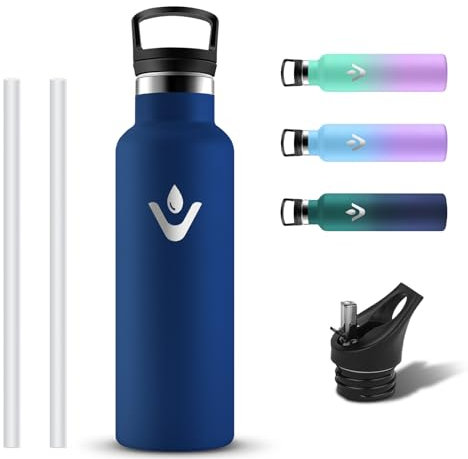 Grsta Gourde Isotherme 500ml, Bouteille d'eau en Acier Inoxydable, Anti Fuite Gourde Inox Avec 2 Bouchons, Bouteille Isotherme avec Paille, Reutilisable Gourd sans BPA pour Randonnée, Camping, Yoga