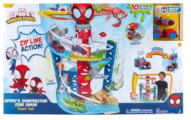 MARVEL Spidey and His Amazing Friends Construction Zone Chaos Track Set - 2-Foot High Dual Race Track with Zip Line, Play Zones, and Exclusive Vehicles