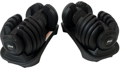 PH Fitness Haltères Réglables Premium 24 kg – Set 15-en-1 avec Réglage à Une Main – Paire Compacte pour Salle de Sport à Domicile – 2,5 à 24 kg – Équipement Musculation Gain de Place (Zwart)