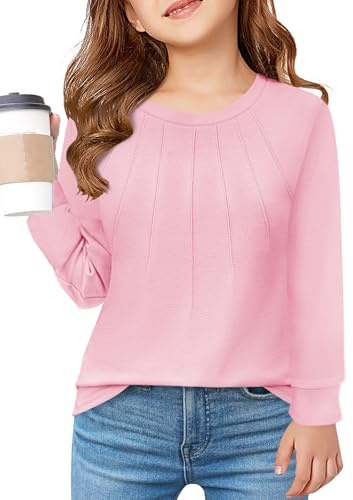 Haloumoning T-shirt à manches longues pour filles - Col rond enfants - Tops automne - Couleur unie basique - T-shirt à manches longues décontracté - Hauts, Rose, 13-14 ans
