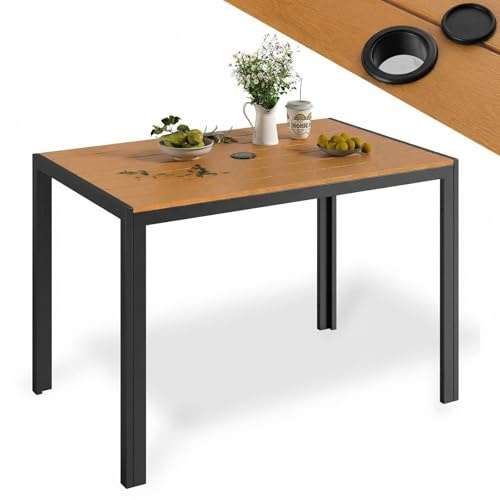 LIFERUN Tavolo da Giardino 110x70 cm con Foro per Ombrellone 4cm, Tavolo da Terrazzo in WPC per 4-6 Persone, Tavolo da Balcone Resistente alle Intemperie con Telaio in Alluminio, Marrone Teak