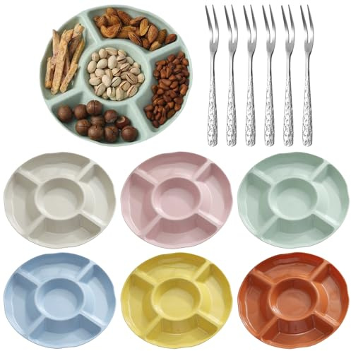 Bncxdc Snackteller mit 5 Fächern, 6 Stück Snack Teller mit 6 Fruchtgabel, Servierplatten für Partys, Wiederverwendbare, für Snacks Knabbereien Dessert Süßigkeiten, 6 Farbe