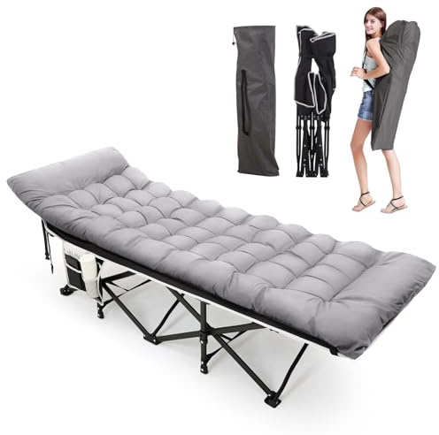Warmiehomy XXL Feldbett mit Matratze für Erwachsene, Gästebett klappbar, Extra Breite Robust klappbett Campingbett mit Seitentasche Tragetasche, Betten für Outdoor Camping Reisen Büro Garten, Grau