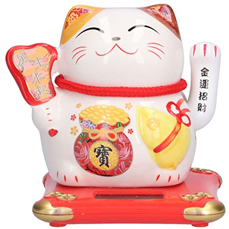 Gato de la suerte agitando con energía solar, decoración japonesa Maneki Neko para el hogar, la oficina y el automóvil, juego de regalo de cerámica de la fortuna (paquete de 2, blanco)