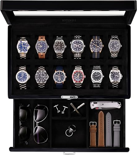 ROTHWELL Uhrenbox mit 12 Fächern, Klavierschublade, Premium-Schmuck-Vitrine, Organizer mit verschließbarer Glasplatte und Mikrovelours-Auskleidung für Damen und Herren (schwarze Innenseite)