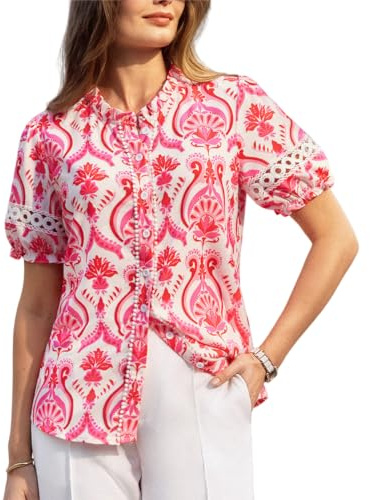 GRACE KARIN Women's Floral Boho Shirt Lace Ruffle Stand Collar Blouse Spring Summer Vacation Top Pink L