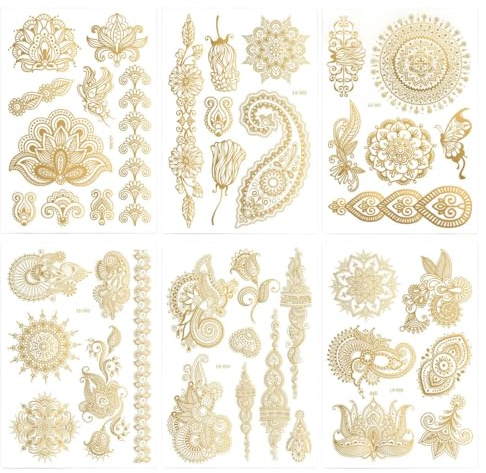AEUXZA 6 pezzi grandi tatuaggi temporanei oro metallizzato, tatuaggi festival da applicare, design Mandala e ornamenti, tatuaggi per corpo e viso donna