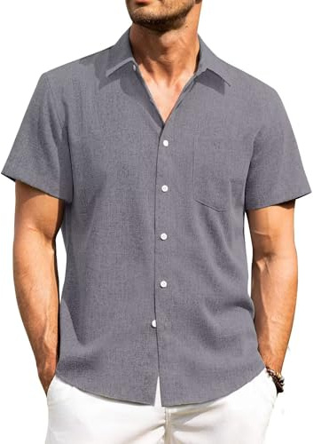 PrimeCrest Camisa Lino Hombre Manga Corta Verano Casual con Bolsillo
