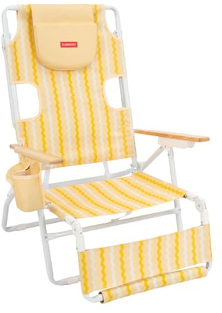 Flamingueo Strandstol - Justerbar i 5 lägen - Hål för huvud och armstöd - Fotstöd 3 lägen - Handtag av ryggsäckstyp - Termoficka och mugghållare - Aluminium & Polyester - Gul
