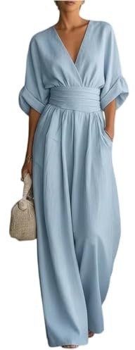 Generisch Mono de verano para mujer, elegante, con mangas, para invitados de boda, traje de pantalón largo de cintura ancha, con cuello en V, traje de baño, azul celeste, M