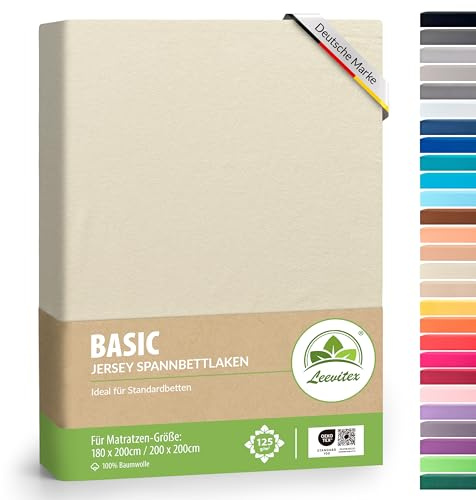 leevitex® Spannbettlaken 180x200cm - 200x200cm | Spannbetttuch Bettlaken | 100% Jersey Baumwolle | Matratzenhöhe bis 25 cm | Öko-Tex | Cremé/Naturweiß