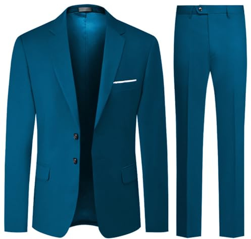 Allthemen herrkostym 2-delad slim fit enkelrad två knappar kostymer bröllop business blazer byxor, blå, XXL