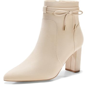 Coutgo Womens Pointed Toe Ankle Boots Chunky Block Heel Tie Knot Side Zipper Dressy Booties, Beige, Size 9.5