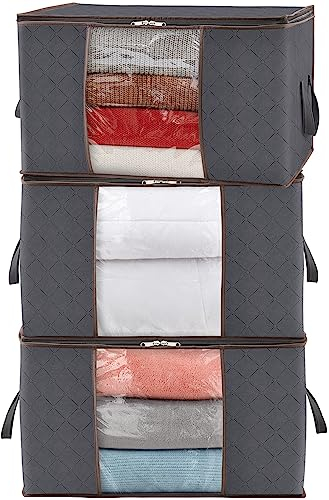 Lifewit 3 Stück 90L Aufbewahrungstasche, Aufbewahrungsbox mit Deckel, Groß Kleideraufbewahrung Umzugskartons, Faltbare Aufbewahrung Boxen für Bettdecken Decken Kleidung Unterbett Kleiderschrank, Grau