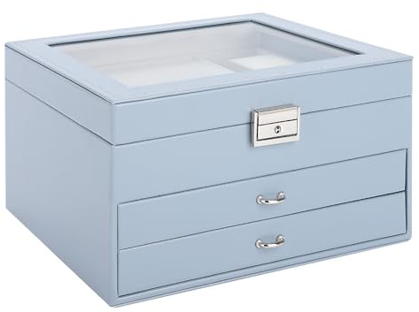 Yieseang Jewellery Box with Glass Lid,3 Layers PU Leather Jewellery Organiser Box for Rings Earrings Necklace Bracelets Watch Accessories,2 Drawer Lockable Jewellery Gift Box for Girls,Women,Men,Blue