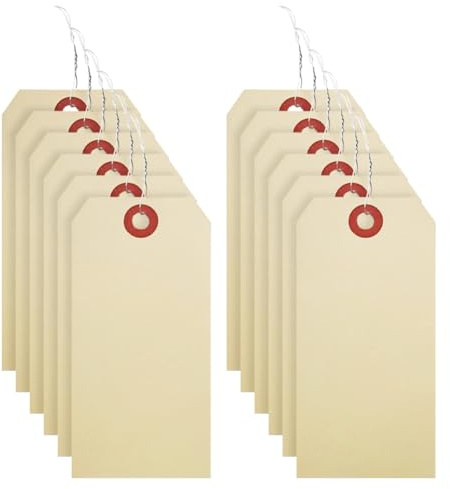 FSSTUD 100 etichette vuote per spedizioni, 6 x 12 cm, etichette in carta Manila, etichette da appendere, etichette scrivibili con filo per inventario bagagli