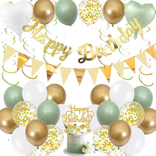 Xietaea Deko Geburtstag Frau Mann - Grün Gold Happy Birthday Girlande Tortendeko Luftballons und Hängende Wirbel, Glitzer Geburtstagsdeko Banner Herz Folienballon Cupcake Toppers
