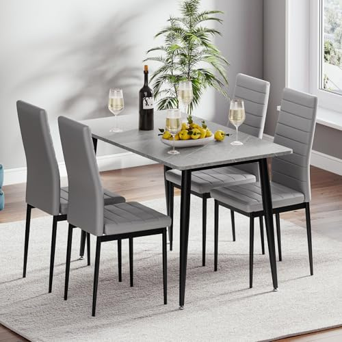 Dining Table and Chairs Set of 4, 120CM Marble Effect Dining Table with 4 Faux Leather High Back Dining Chairs,Modern Dining Table Set for Home/Kitchen Office (Grey table and 4 grey chairs)