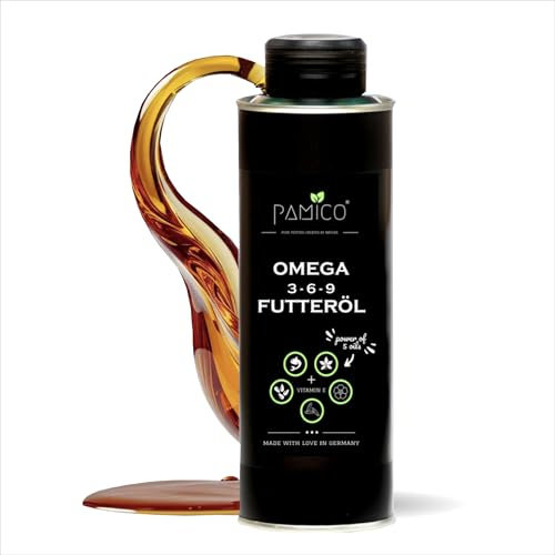 Futteröl Omega 3-6-9 + Vitamin E, 500ml Vorteilsdose, Hochwertige Mischung aus Lachs-, Hanf-, Raps-, Nachtkerzen- und Schwarzkümmelöl, für Barf, Trockenfutter und Nassfutter
