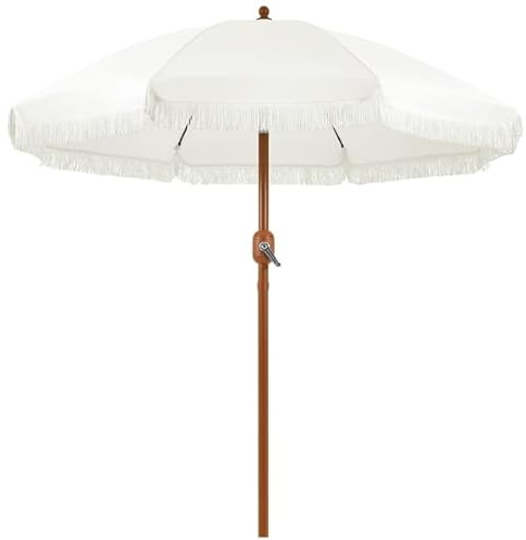 Yaheetech Ombrellone da Spiaggia Giardino Inclinabile con Frange 215 cm in Poliestere e Metallo con Borsa per Trasporto Protezione UV Esterno Cortile Piscina Crema