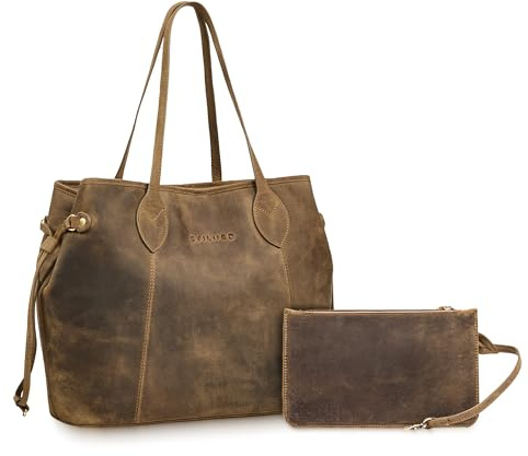 STILORD Camelia 2-Teilige Shopper Tasche Damen Groß Echt-Leder Handtaschen Set mit Geldbörse - Ledertasche für Frauen Große Schultertasche für Uni Arbeit und Freizeit Farbe:mittel - braun