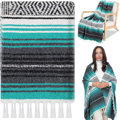 Oudain Mexican Blanket Woven Authentic Falsa Throw 45 x 70 Inch β Authentic Baja Serape Saddle Blanket Outdoor for Restorative Yoga, Beach, Picnic, Couch, Car Travel(Turquoise)