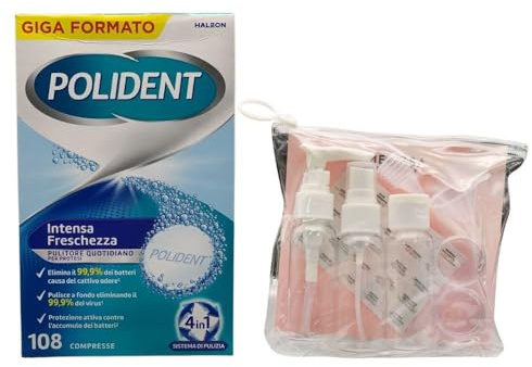 Pulitore Quotidiano Per Protesi Dentali, Intensa Freschezza, Essenza di Menta, Confezione Da 108 Compresse + Kit Bottiglie da Viaggio