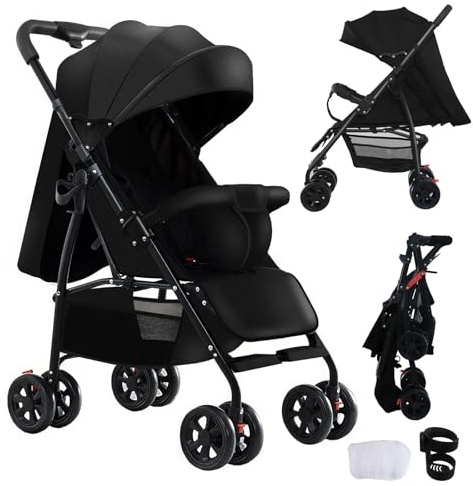 Reenborn Ultraleichter Kinderwagen mit nur 4,6 kg mit Verstellbarer Liegeposition, Buggy Reisebuggy für Babys bis 15 kg, Kompakter, Tragbarer, Zusammenklappbarer Kinderbuggy mit Zubehör (A8 Black)