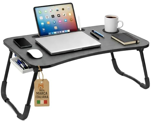 AkitaInk Vassoio da Scrivania Pieghevole per Laptop - Supporto Portatile con Cassetto e Portabicchieri, Tavolino da Letto e Divano, Nero 60×40×26 cm