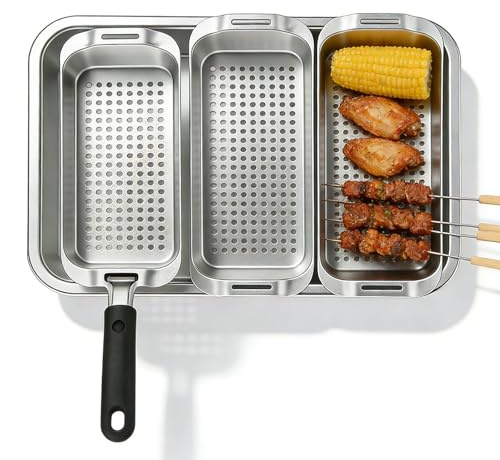 Grillkorgset i rostfritt stål, 3 grillkorgar med hål, BBQ grillpannor för gasgrill, grönsakskorg och grillskål för grönsaker, fisk och kött, inkl. serveringsbricka och universellt lyfthandtag