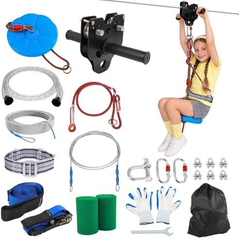FAHKNS 120FT Zip Line Kit for Kids Adults: Up to 400LBS Quick Tighten Zipline for Backyard with Rust Proof Removable Trolley,Spring Brake,Height Adjustable Seat,Outdoor Kids Play Equipment