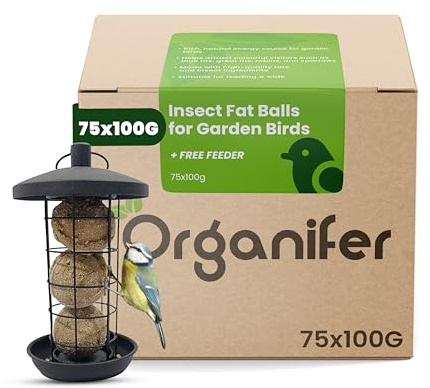 Bolas De Grasa para Insectos para Pájaros De Jardín – 75 X 100 g con Soporte Gratuito – con Gusanos De Harina Y Semillas De Girasol – Energía Natural Todo El Año para Aves Silvestres – Organifer