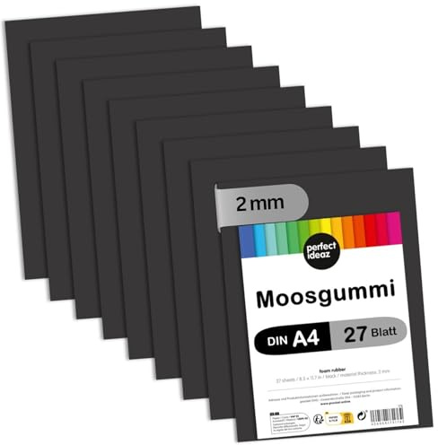 perfect ideaz 27 fogli DIN-A4 gomma piuma neri, piastre di materiale espanso di colore nero, spessore di 2 mm, gomma spugna nera, kit di schiuma per fare lavori manuali
