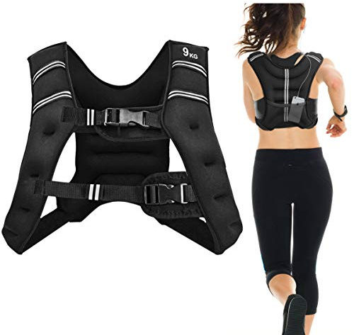 COSTWAY Chaleco Lastrado 9kg, Chaleco Peso Entrenamiento Lastrado con Rayas Reflectantes y Correa Ajustable, Colete con Peso Entrenamiento Ejercicio Fitness Negro