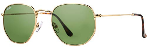 Pro Acme Square Sunglasses for Women Men Polygon Sunglasses UV 400 Protection Polarized Pilot Sunglasses 100% Real Glass Lens Hexagonal Frame (Gold Frame | G-15 Green Lens)