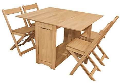 Butterfly Folding Dining Set 4, Space-Saving Folding Dining Table Set With 1 Folding Table And 4 Chairs Waxed Pine