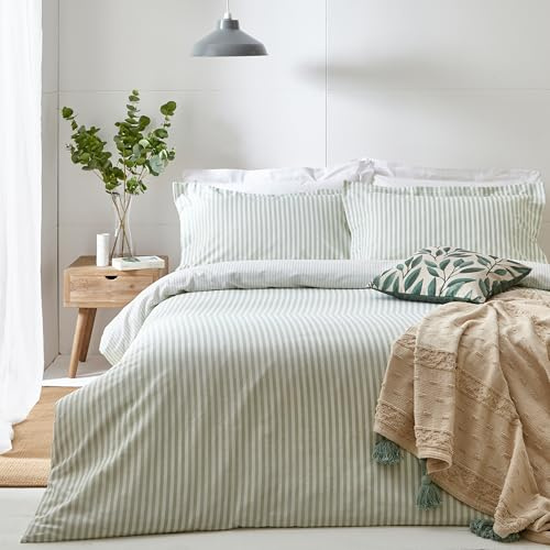 furn. Yard Hebden 100% Cotton Stripe Duvet Cover Set – Reversible Striped Bedding (Eucalyptus, Single)