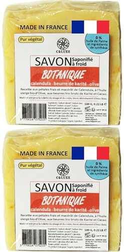 Savon CALENDULA saponifié à froid, PÉTALES FRAIS et HUILE de CALENDULA, karité Bio, huile d'olive et coco Bio, 100% naturel, artisanal, vegan, français (2, Lot de 2 unités)