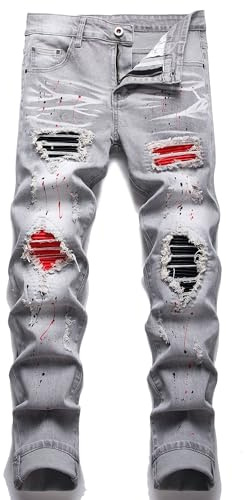 AITITIA Men's Jeans, Biker Zipper, Deco, Washed, Straight Fit, 22