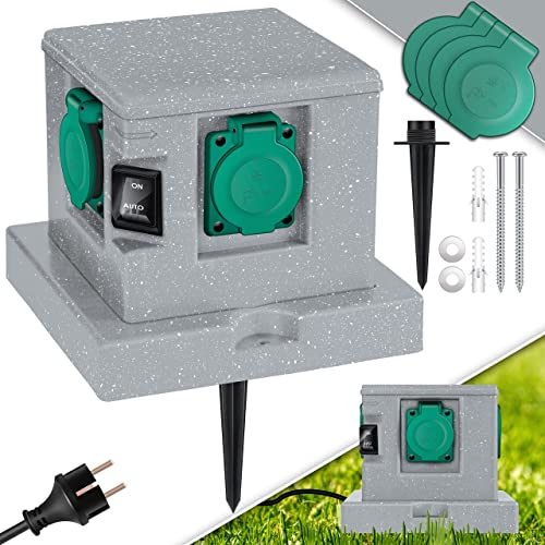 KESSER® Prise de Jardin Aspect Pierre avec 4 emplacements, Piquet de Terre fourni, Prises Multiples à l'extérieur avec câble de rallonge de 3 m | Prises extérieures IP44 étanches | Gris