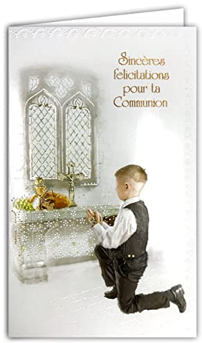 19-636 Carte COMMUNION GARÇON Sincères Félicitations église Croix Chrétienne Catholique Blé Pain Raisin Coupe Enveloppe Format 12x19,5cm Papier écolabel FSC Gestion Durable Forêts Fabriqué en Europe