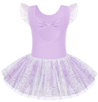 Arshiner Kinder Ballettkleidung Tütü Ballettkleid Mädchen Schleife Baumwolle Balletttrikot kurz Ärmel Ballettanzug Tanzbody mit Glänzender Rock Tütü lila 130
