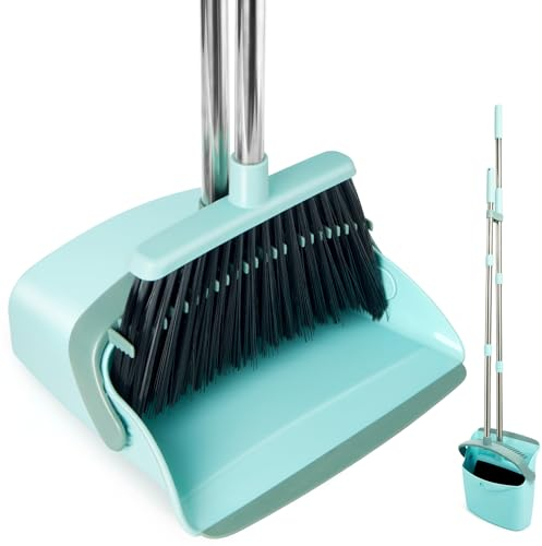XXFLOWER Dustpan and Brush Sets, Long Handled Dustpan and Brush Set with Comb Teeth, Large Capacity, Upright Sweeping Brush Set for Indoor Kitchen Lobby Office Sweeping Pet Dog Hair (Green)