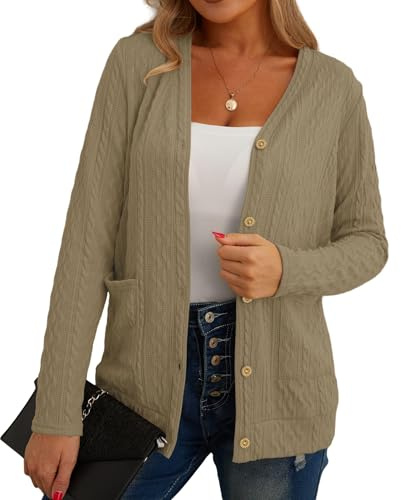 GRECERELLE Women's V Neck Button Knit Cardigan with Pockets, Khaki, M