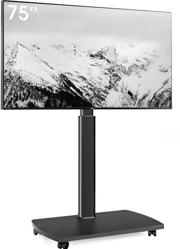 AOKCOS TV Bodenständer Rollbar mit Holzregal, TV Ständer mit Rollen für 43-75 Zoll Flach & Curved Fernseher bis 50kg, Höhenverstellbar Schwenkbar Fernsehstand, Max.VESA 600x400mm