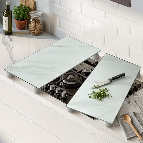 Universal Gas Electric Induction Hob Covers | Set of 2 Glass Hob Cover for Gas Electric Stove Cookers | Large Chopping Board Worktop Savers for Kitchen - Kinway (White Marble Design)