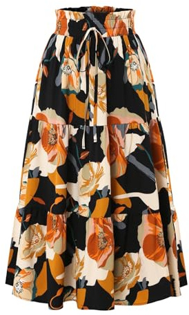 Adigaber Maxi Gonna Lunga Donna Vita Elastica Boho Gonne Lunghe Estive con Coulisse Floreale Swing Gonna A-Linea retrò Elegante