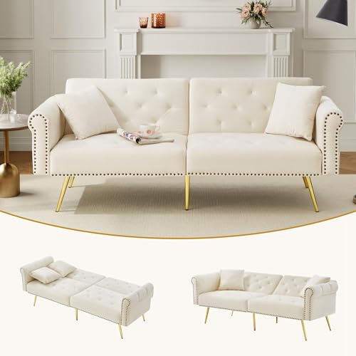 Zweisitzer Sofa mit Schlaffunktion, Samt Klappsofa mit Verstellbare Rückenlehne, Schlafcouch Ausziehbar mit 6 Vergoldeten Füßen, Kleine Sofas für Kleine Räume, 173x75 cm, Beige