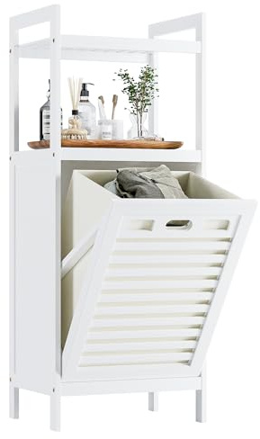 HITNET Mueble Ropa Sucia, Armario de Baño con 1 Cesta de Ropa Sucia y 2 estantes Abiertos, 40L Bolsa Interior Extraíble con Asas para Sala de Estar y Dormitorio, Blanco